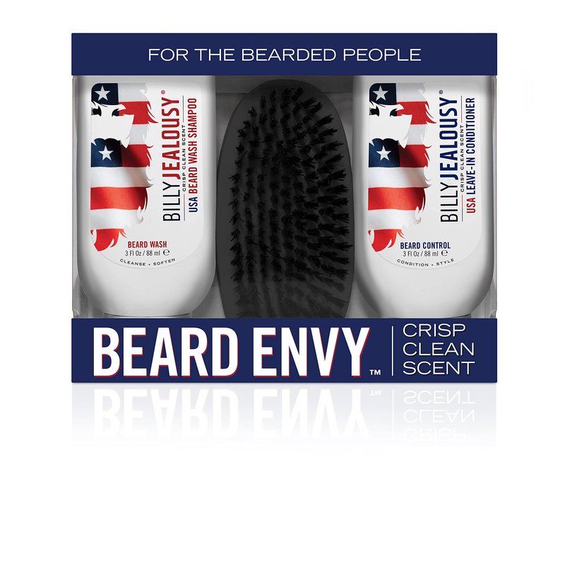 Billy Jealousy USA Beard Envy Facial Hair Refining Kit with Beard Wash Facial Hair Control and Boar Bristle Brush for Clean, Hydrated, Soft, Tamed Unruly Mane