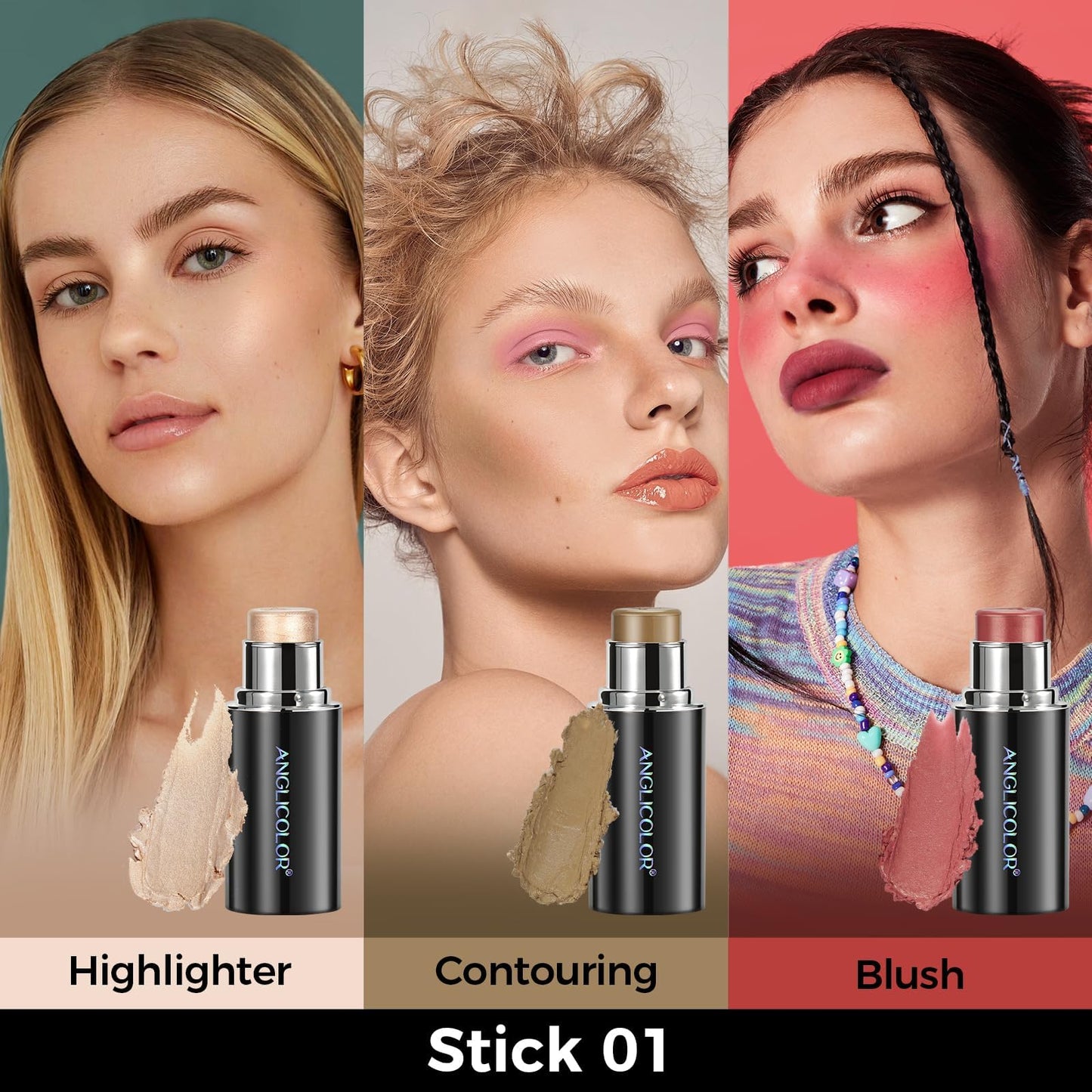 3PC Anglicolor Highlighter Long Lasting,Contour Stick Makeup Naturally,Blush Makeup Smoothing,High Color Rendering,Easy To Mix,Vegan & Cruelty-Fre (3PC)