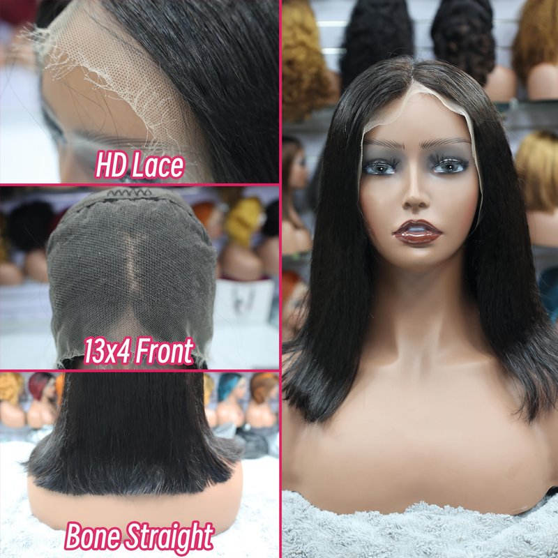Skinlike HD Lace Closure Human Hair Straight Short Bob Human Hair 13X4 Real 180% Density Wigs For Black Women 0.10mm Ultra-thin Lace Glueless Pre-Plucked With Baby Hair Free Part Wig (18inch)