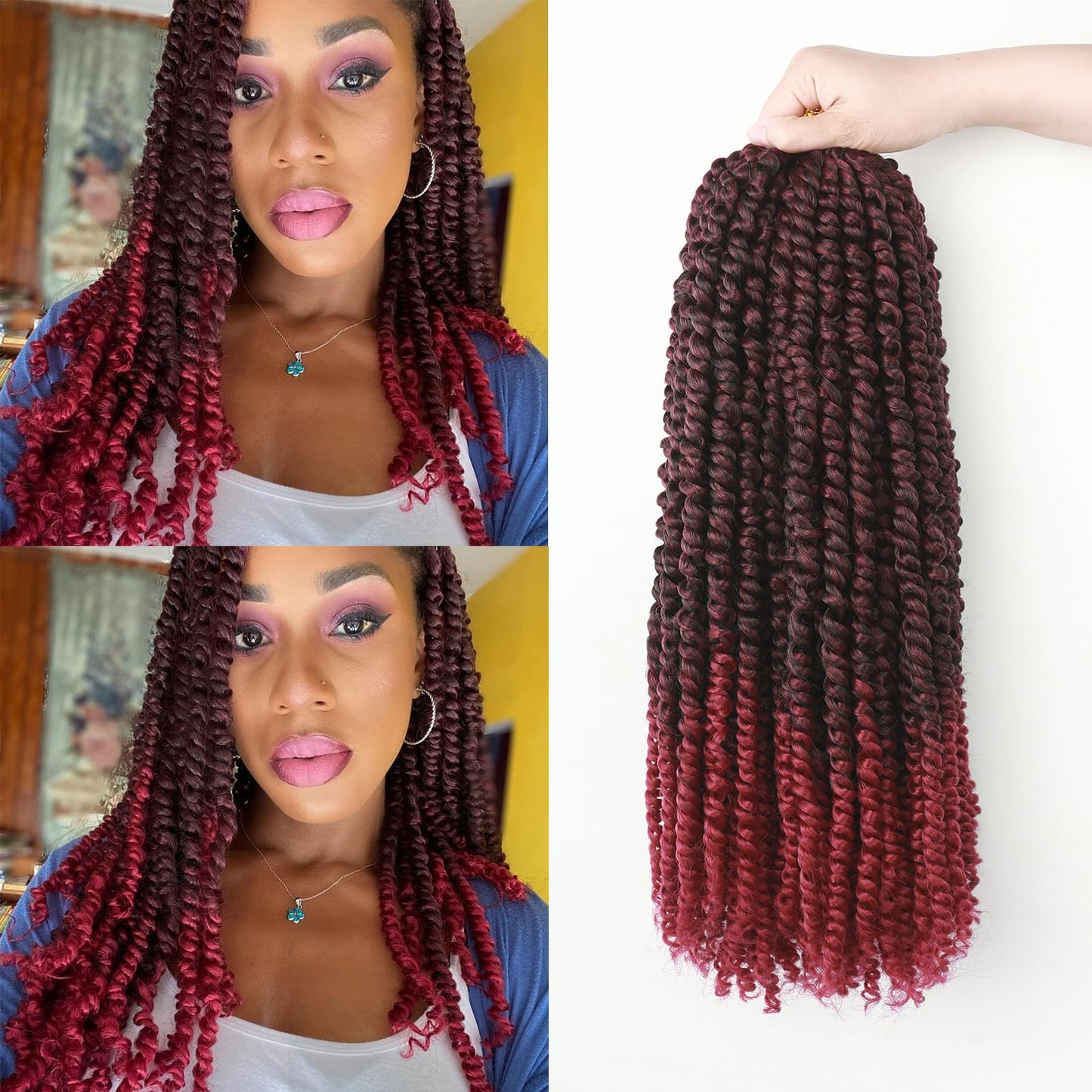 18 Inch Crochet Passion Twist Hair Pre Looped 8 Packs Crochet Hair, Pre Twisted Passion Twist Crochet Hair Ombre Burgundy Synthetic Bohemian Twist Braids Hair for Black Women