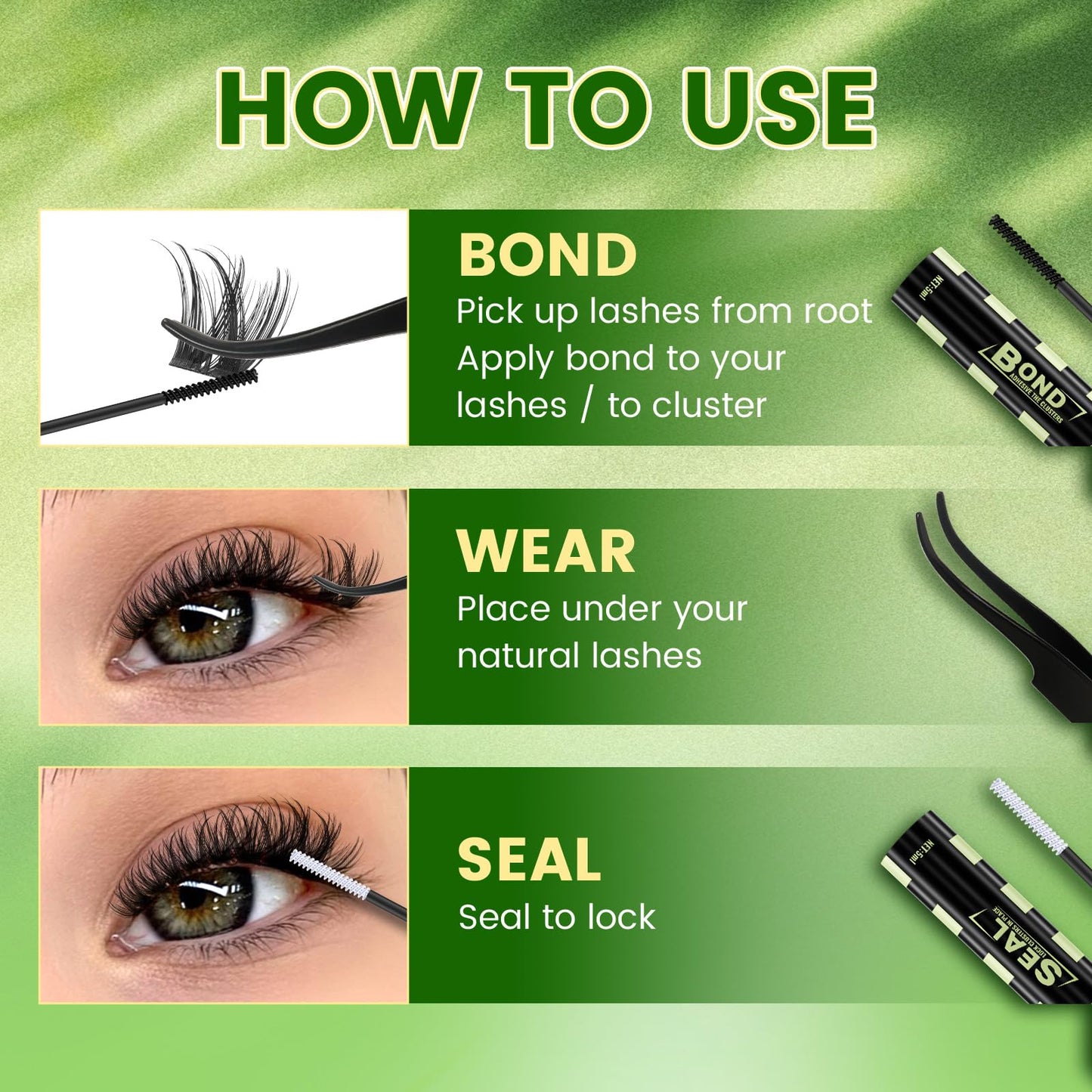 KEYYOU Lash Clusters Kit 144pcs 8-18mm Mix, DIY Eyelash Extension Kit with Bond and Seal, Eyelash Glue and Tweezers for Volume Fluffy Lashes at Home (KY04)