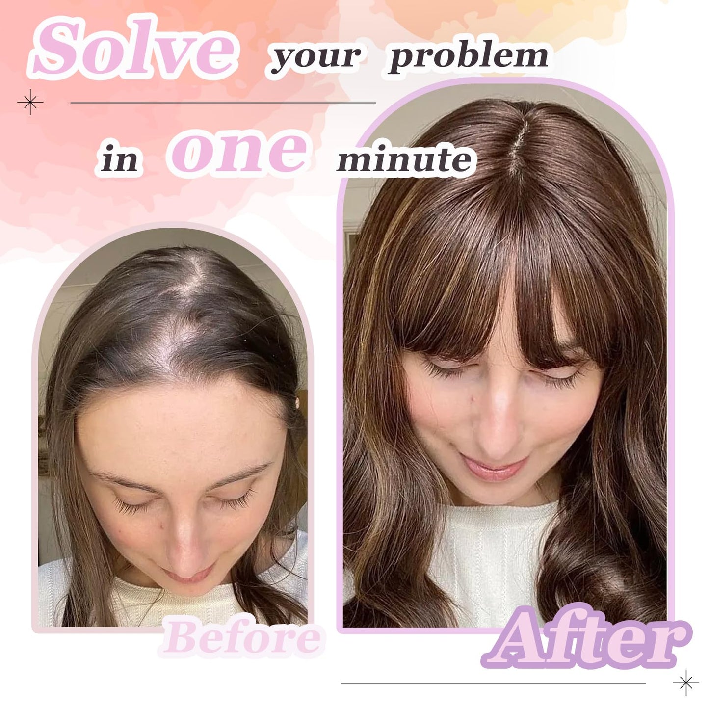 Hair Topper, 360° 3D Hair Toppers for Women with Thinning Crown, 20 Inch Long Wavy Curly Hair Pieces Clip in Bangs (Dark Brown Mixed Chestnut, 20 inch, French Bangs)