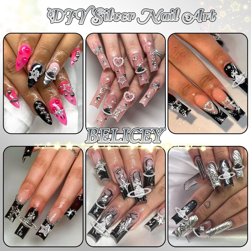 BELICEY 2 Boxes 3D Nail Charms Mix Silver Star Cross Planet Saturn Charms for Nails Silver Flatback Nail Pearls Nail Decoration Gems Pearls for Nails Jewelry for DIY Nail Art Supply Accessories Crafts