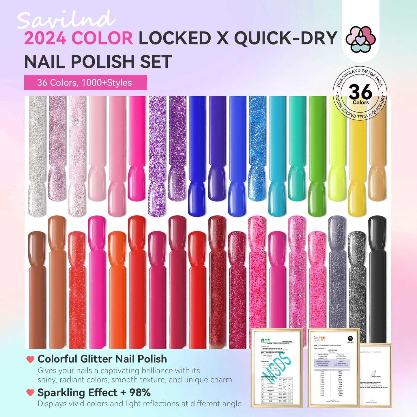 SAVILAND Nail Polish Set Air-Dry: 36+3 Colors Nail Polish Kit Red Pink Blue Glitter Regular Nails Polish with Base Top Coat Nail Lacquer Acrylic Nail Set for Beginner Home Salon DIY Gift