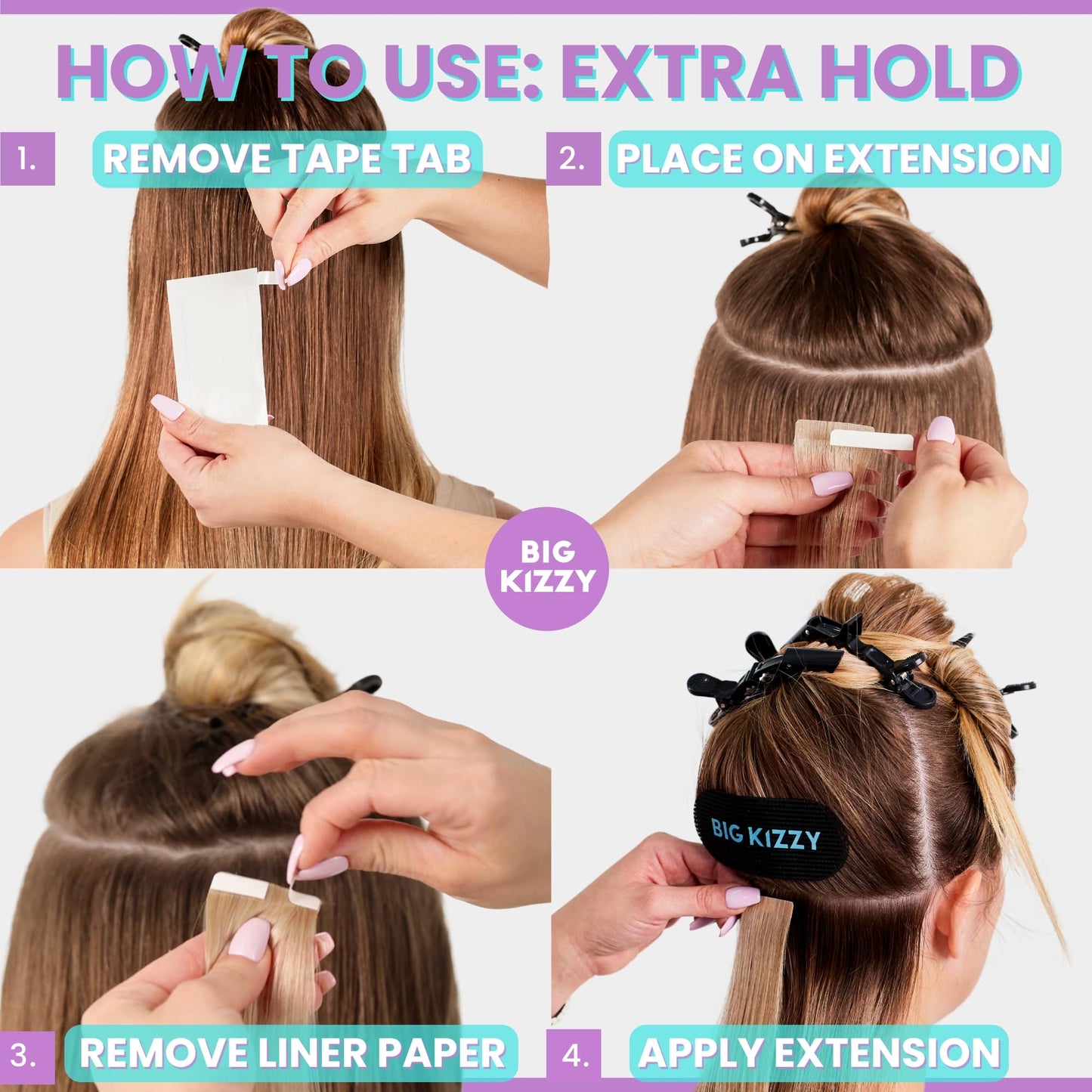 Big Kizzy Extra Hold Double Sided Hair Extension Tape - 144 tabs replacement tape - Strong hold of 6-8+ weeks - Made in USA