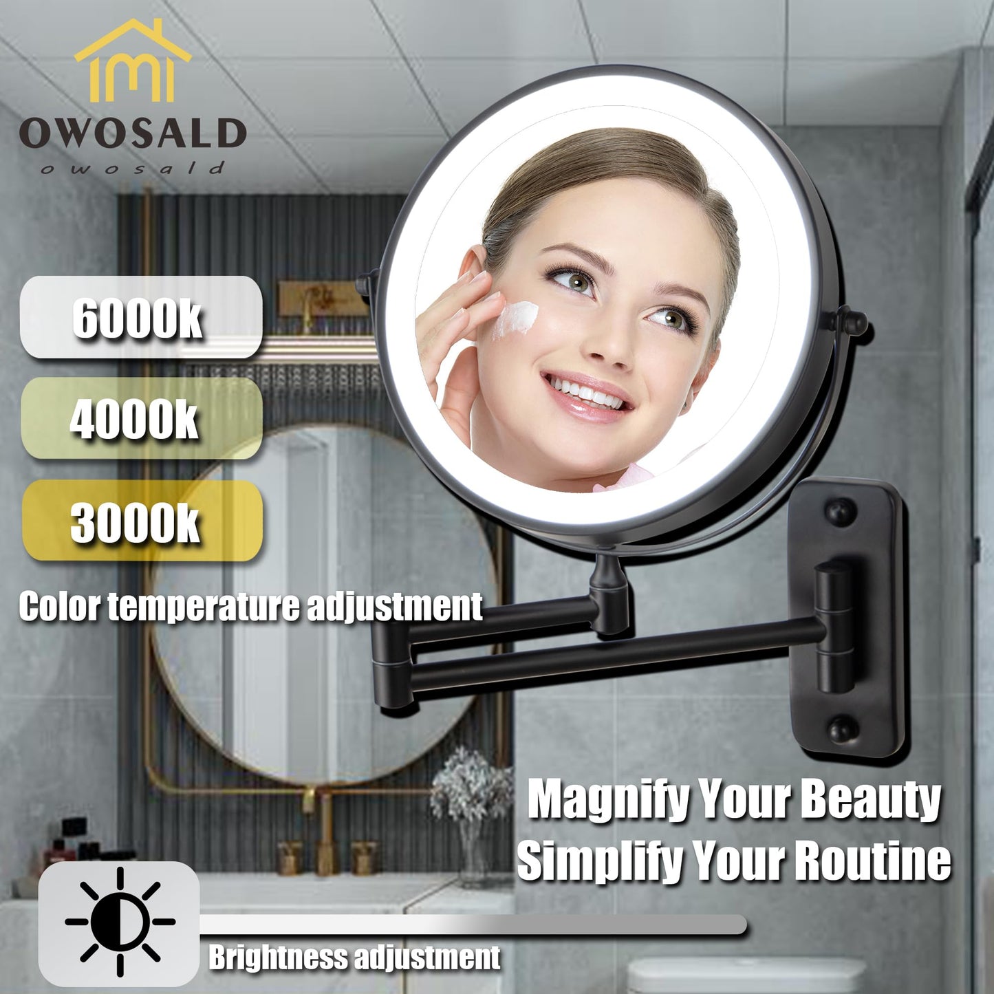Wall Mounted Makeup Mirror, 1X/10X Magnifying, 360° Rotation, 3 Color LED Lighting, Touch Screen Dimming, Extended Arm, Black Bathroom Mirror