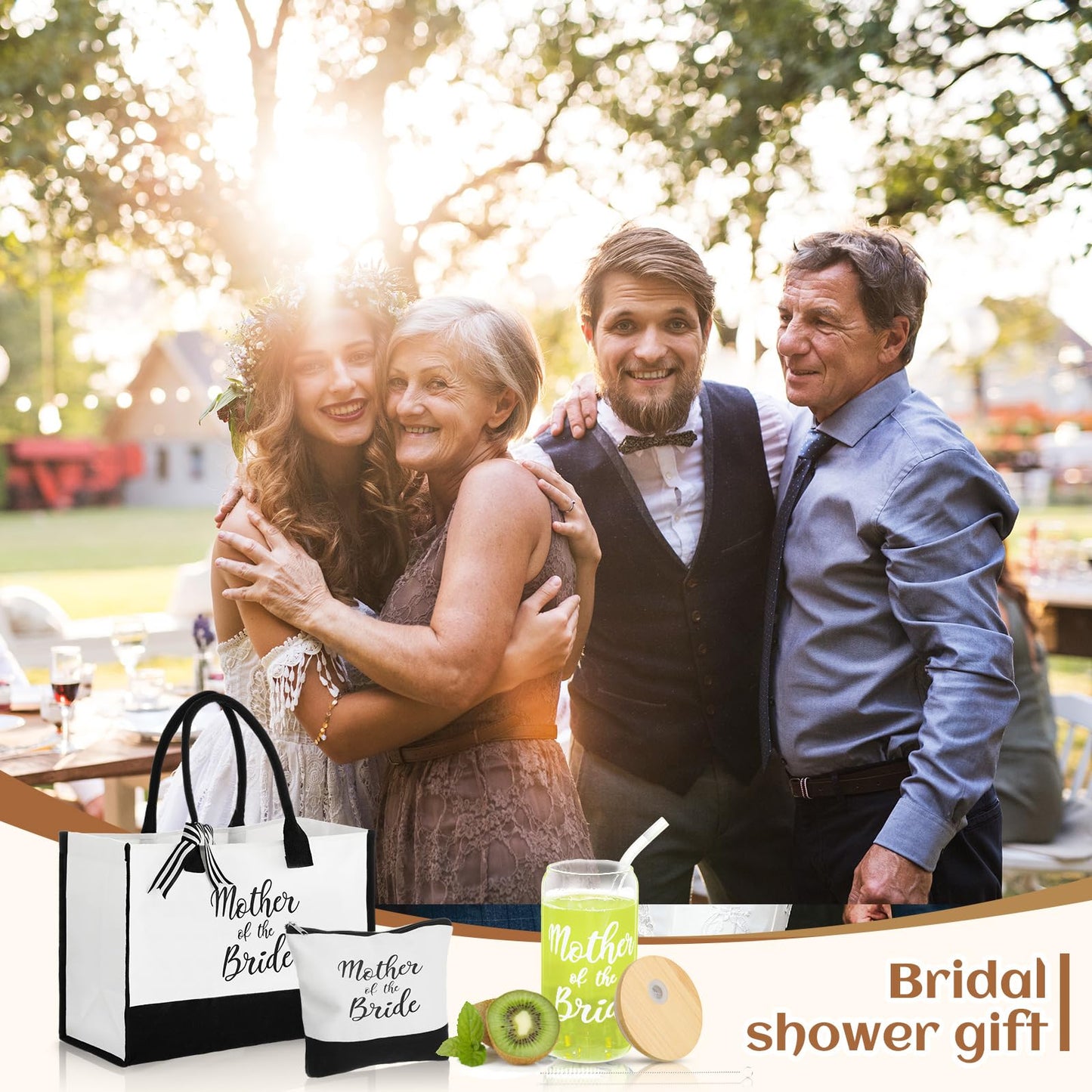 Zubebe 3 Pcs Mother of the Bride Groom Gifts Cup for Wedding Bridal Shower Include Glass Tumbler Canvas Tote Bag Makeup Bag(Mother of the Bride)