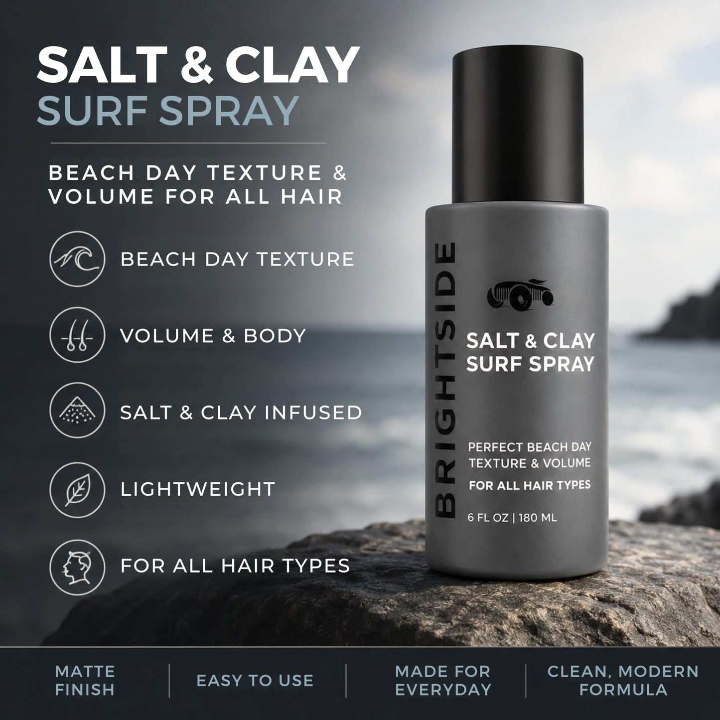 BRIGHTSIDE Salt & Clay Surf Spray - Instant Volume & Texture for Thicker Looking Hair - Natural Sea Salt Spray for Men & Women - Hydrate & Hold for All Hair - Alcohol-Free, Clean ingredients - 6oz