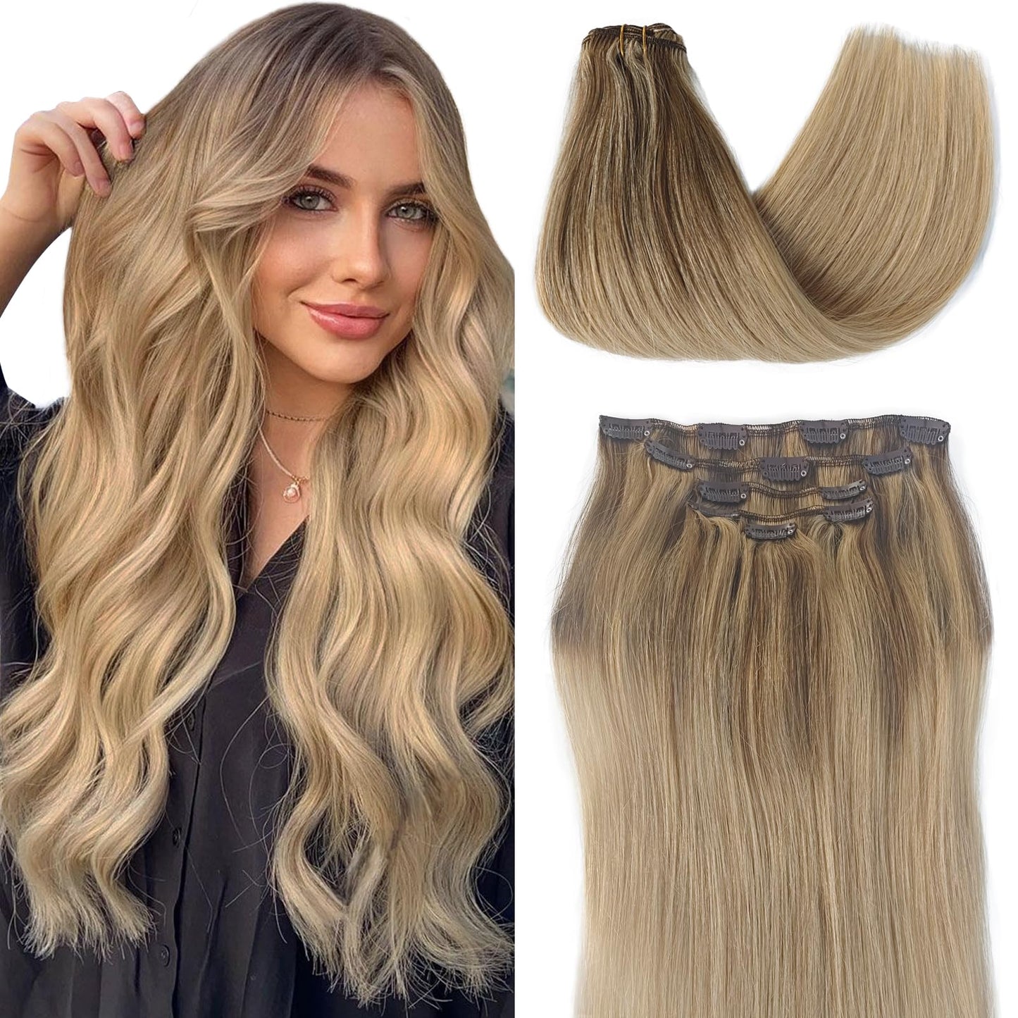 Human Hair Extensions Clip in Golden Blonde Highlights Medium Blonde Clip in Hair Extensions Real Human Hair 5 Pieces 14 Inch Remy Hair Seamless Clip ins Extensions Human Hair Silky Straight 70g