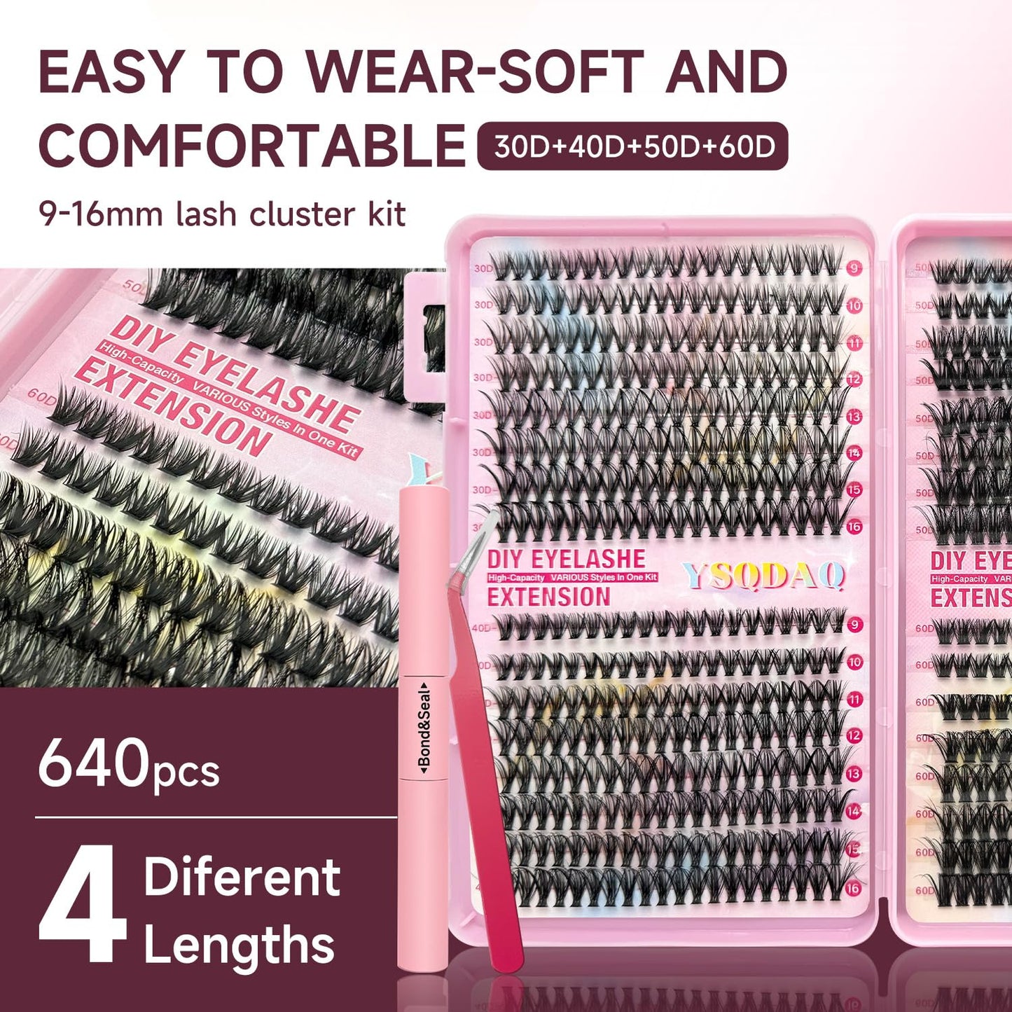 Lash Clusters Kit, 640 Pcs, 9-16mm, D Curl, 0.07D