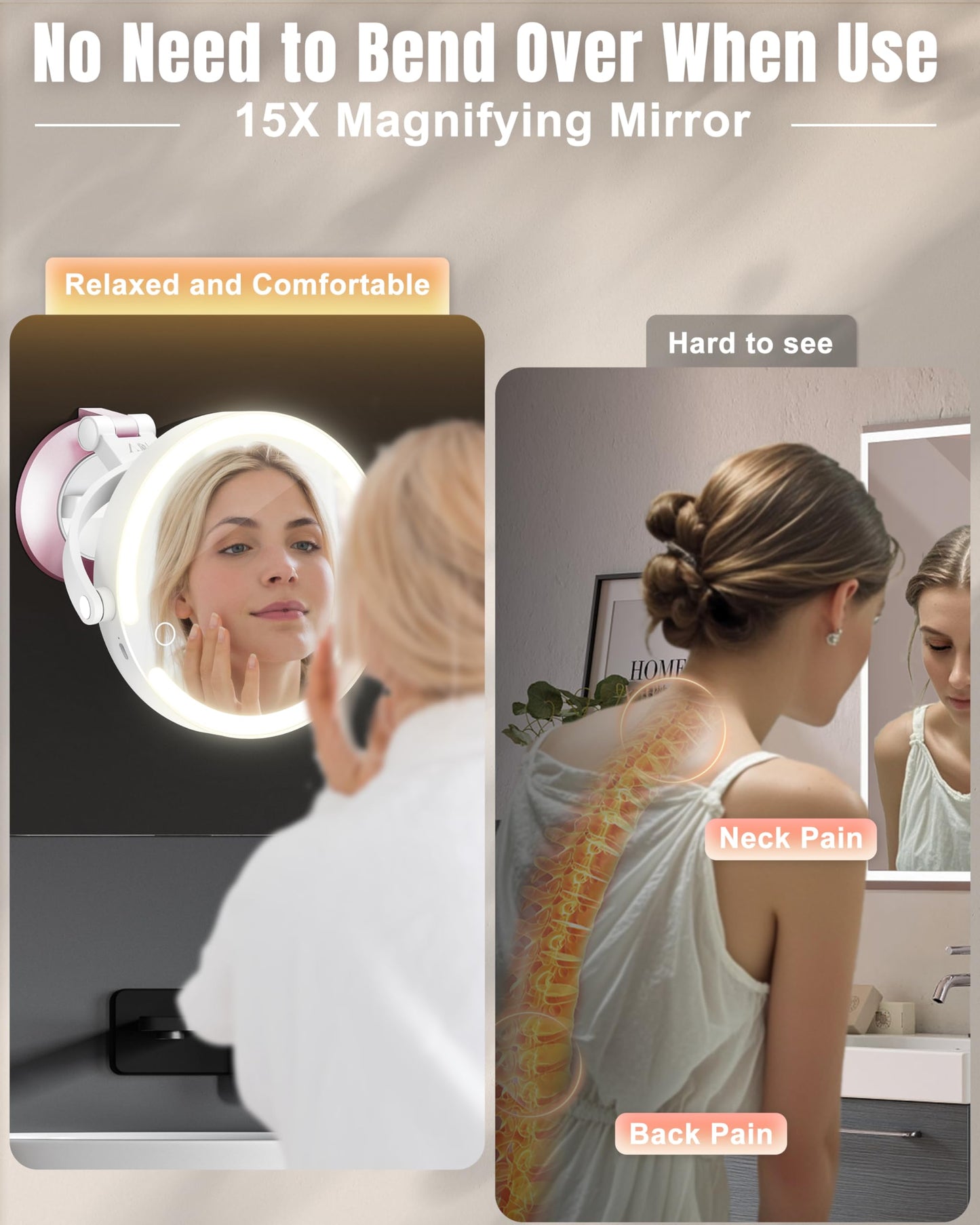 vpu 15X/1X Wall Mounted Magnifying Makeup Mirror with Power Suction Cup, Rechargeable Double Sided Regular HD/Magnification 3 Color Modes Adjustable Brightness Mirror with Lights for Bathroom, Travel
