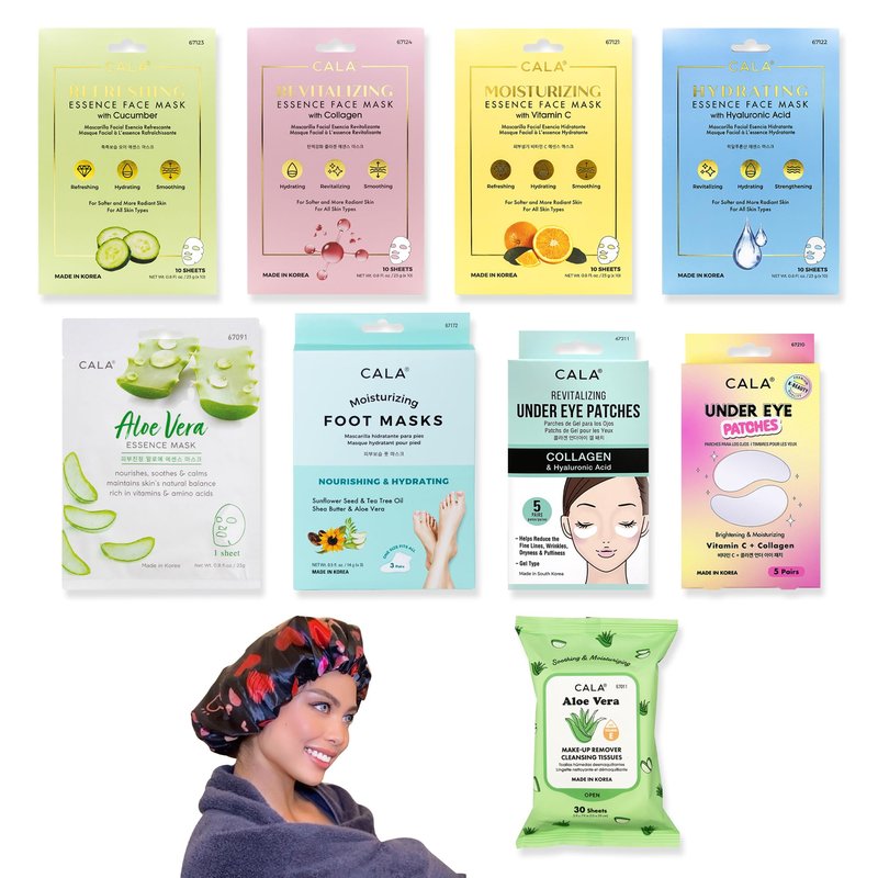 Zomac Face Mask Gift Set -10 Items- Cala Collagen, Cucumber, Aloe Vera, Vitamin C, and Hyaluronic Acid Face Masks, Eye Patches, and Foot Masks. Includes Gift Bag and Custom Shower Cap.