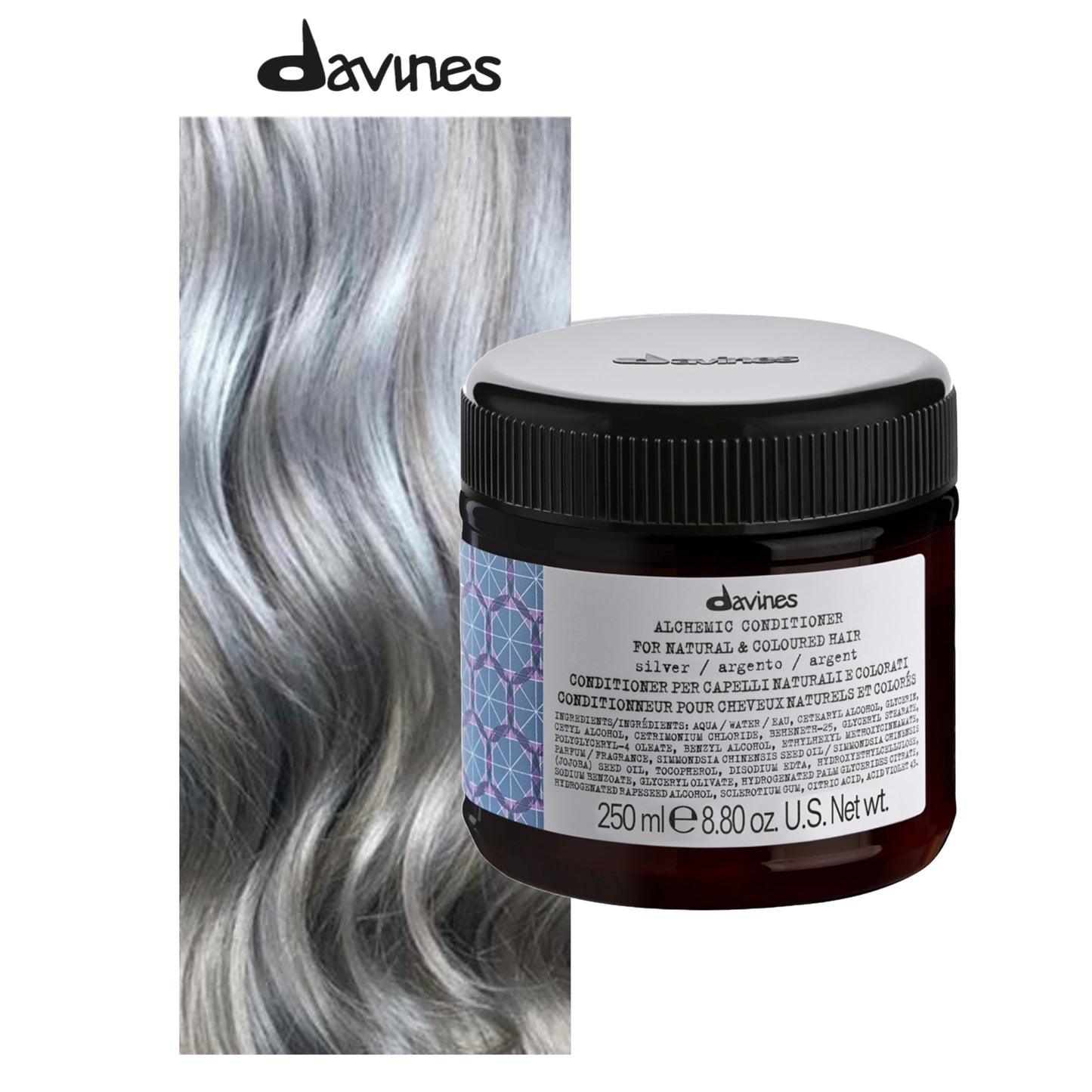 Davines Alchemic Conditioner Silver, Color Depositing Purple Cream for Platinum & Cool Blonde Hair - Neutralizes Yellow & Hydrates with Jojoba Oil, 8.45 Fl Oz