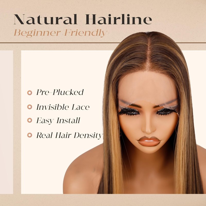 BLL Hightlights Wig Honey Brown Wigs Straight Glueless 30 Inch T Part Wig HD Lace Balayage (Honey Brown 4/30, 30 Inch)