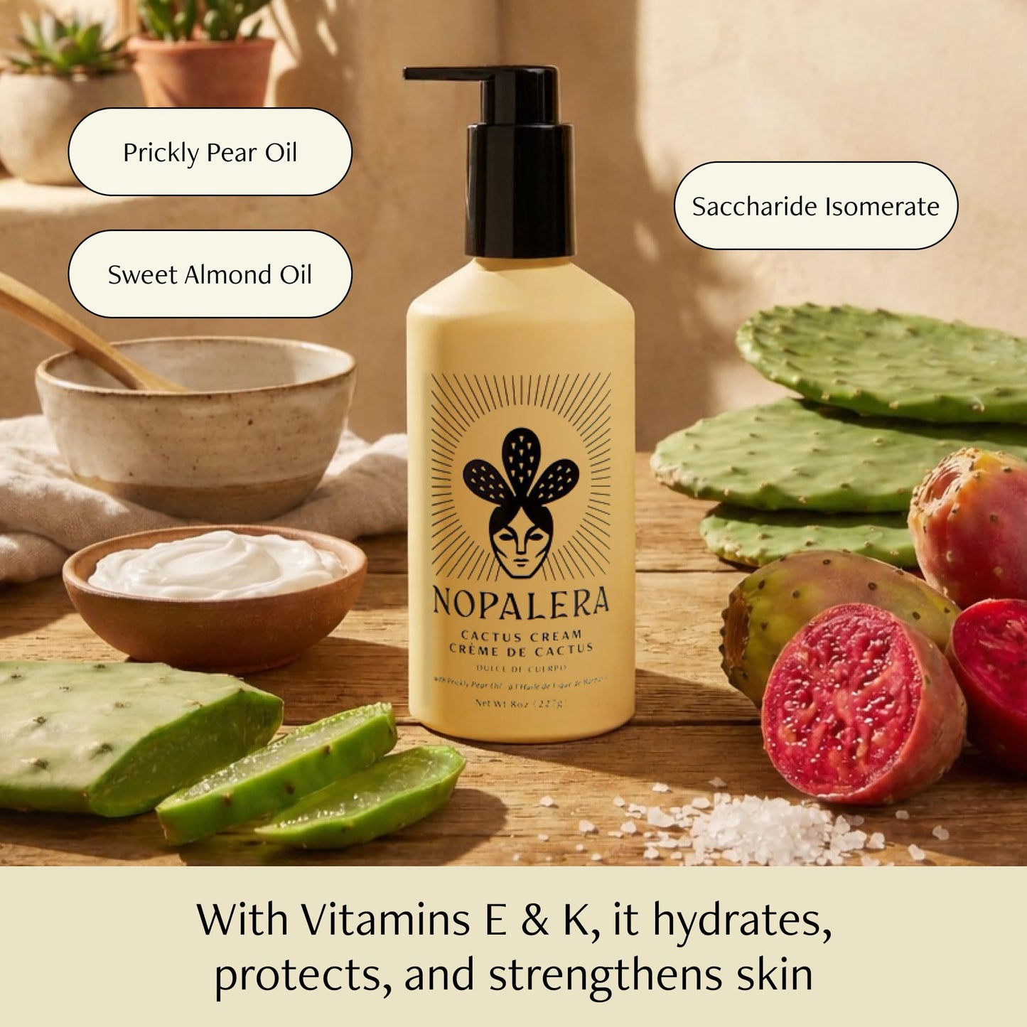 Nopalera Dulce de Cuerpo Cactus Cream - Moisturizing Body Lotion with Prickly Pear Oil, Amber, Citrus, and Warm Vanilla Fragrance, Vegan, 8 oz.