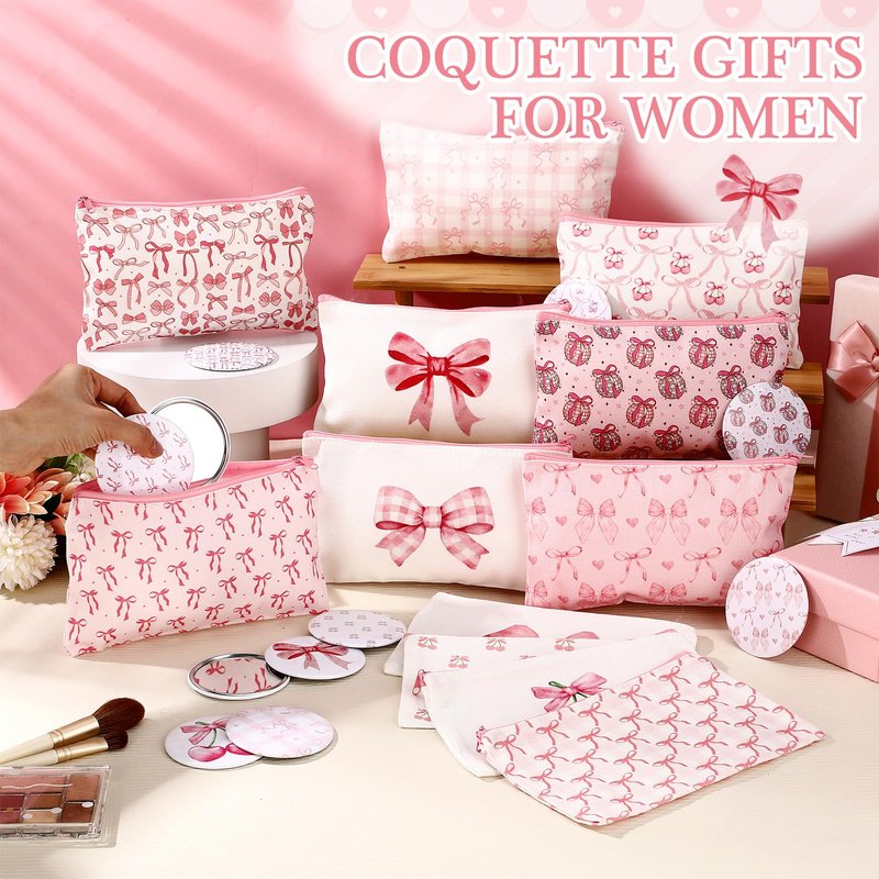 Chunful 12 Sets Coquette Bow Party Favors Includs Bow Canvas Makeup Bags with Zipper and Round Mini Compact Mirror for Women Baby Shower Quinceanera Girl Night Party Favors(Pink,Cute)
