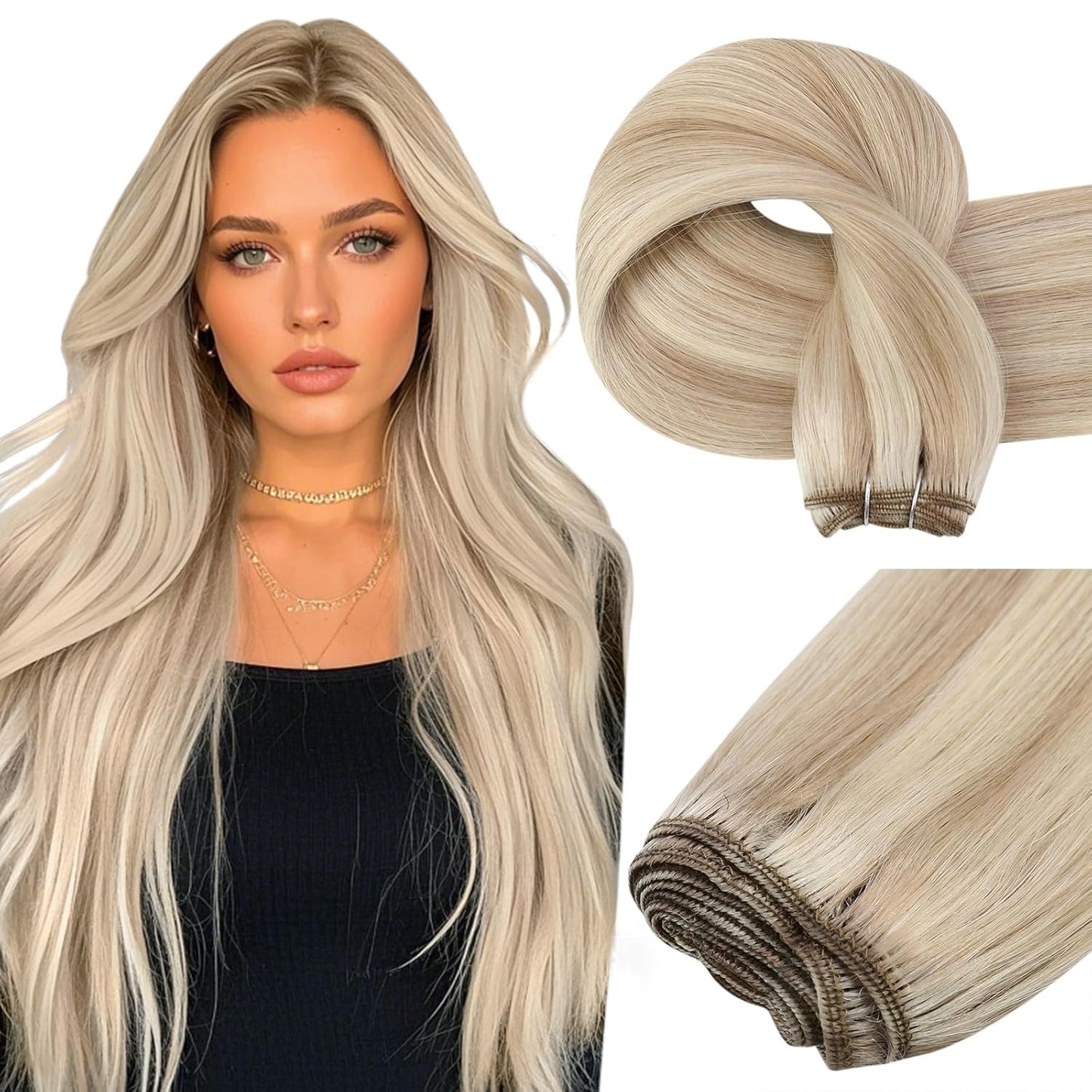 Human Hair Weft Extensions - Seamless Ash Blonde Highlights | 14 Inch, 70G Smooth Texture