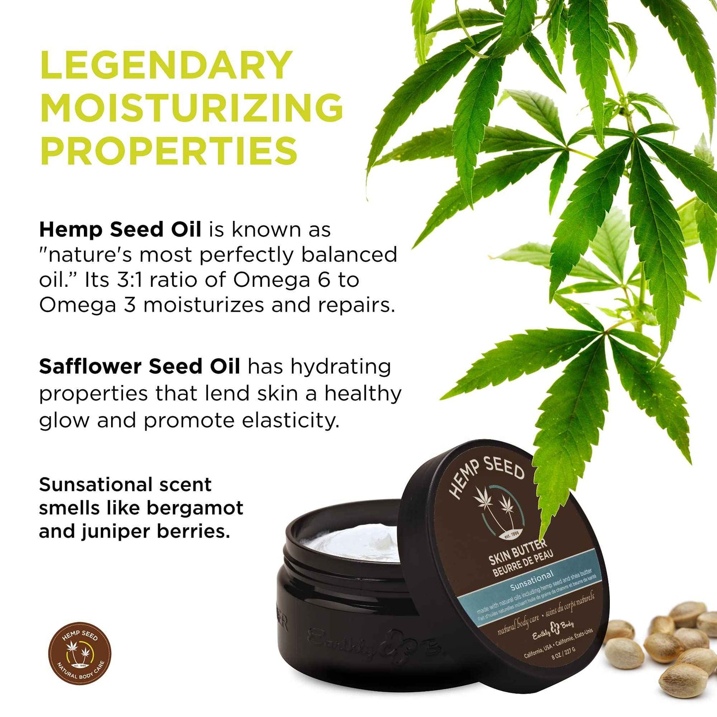 Hemp Seed Skin Butter, Sunsational - 8 oz. - Total Body Moisturizer - Hemp Seed Oil, Jojoba Oil, Shea Butter - Vegan & Cruelty Free