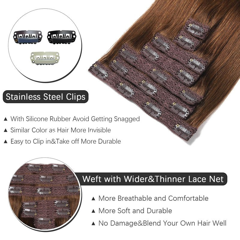 Rimoss Clip in Hair Extensions Real Human Hair - Chocolate Brown Color, 16 Inch 7pcs - Soft Remy Hair Extensions Real Human Hair Clip ins Straight for Women (#4 16 Inch)