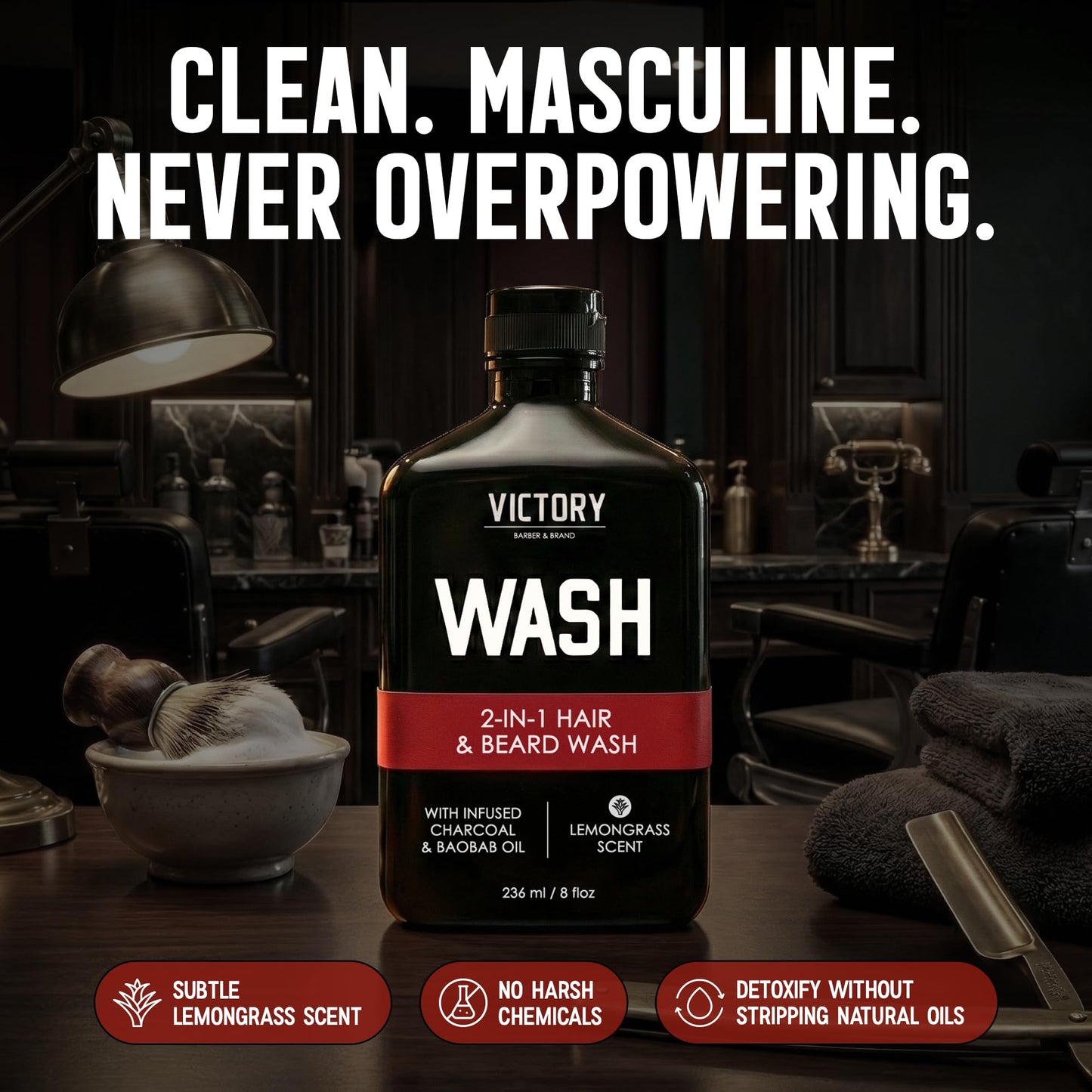Victory Barber & Brand Beard Wash - Made in USA, Men's All-in-One Shampoo and Conditioner, Hydrating, Smoothening, Softening, 8.4 Fl Oz