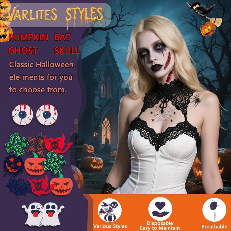 Halloween Nipple Covers - 8 Pairs of Bat, Skeleton & Pumpkin Pasties | Latex-Free Body Adhesive for Rave & Cosplay