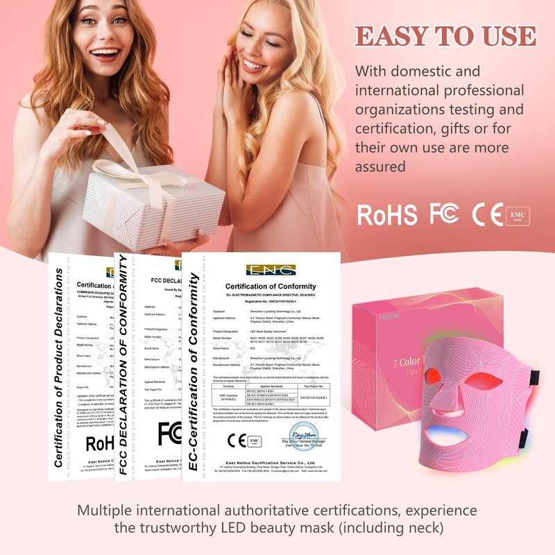 Led Face Mask Light Therapy,Red Light Therapy for Face and Neck,7 Colors LED Facial Skin Care Mask,5 Level Brightness Adjustment,309 LED Beads Can Be Used at Home,Pink