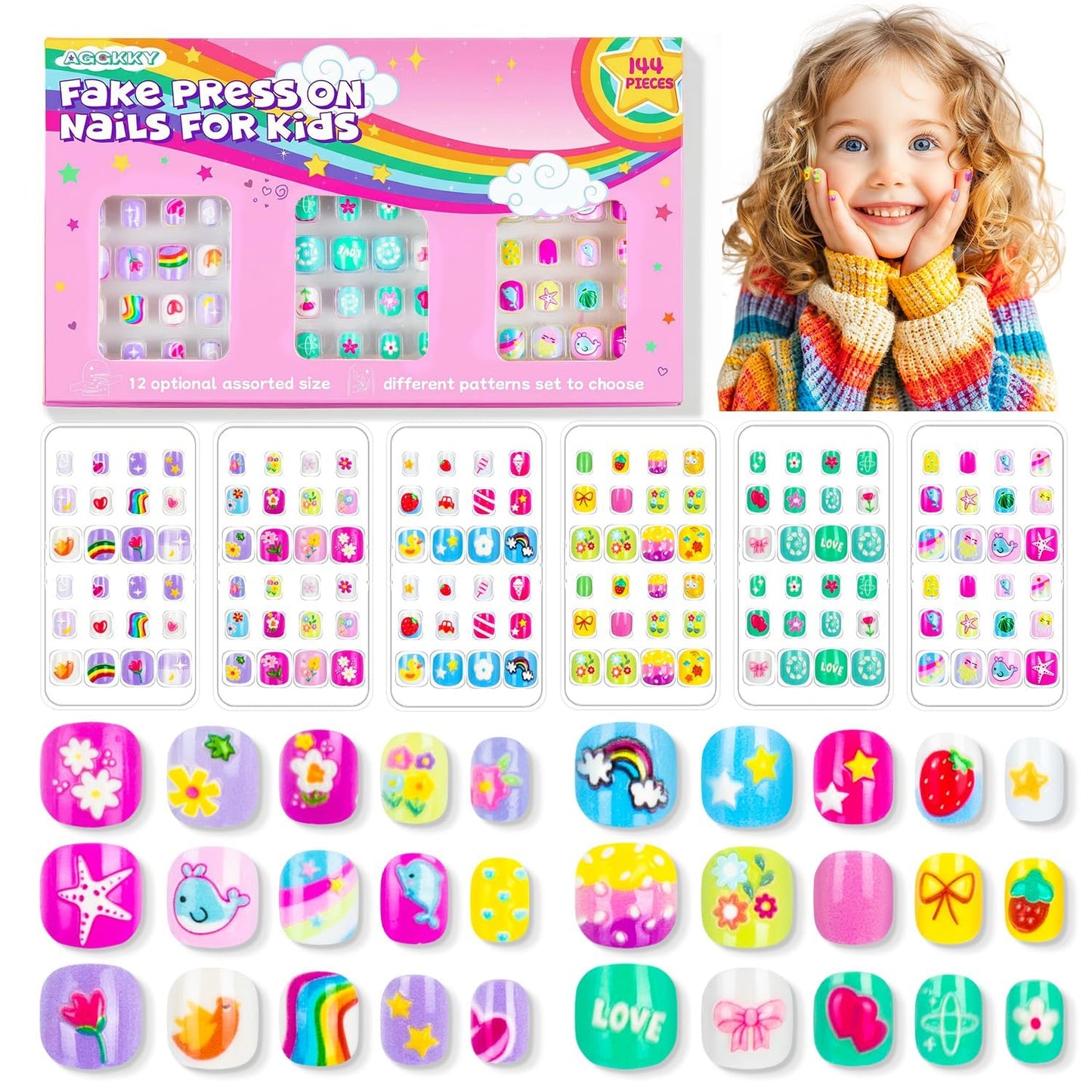 Kids Press-On Nails - 144 Pieces Full Cover Short Acrylic Nail Art Kits for Girls | Cute Patterns