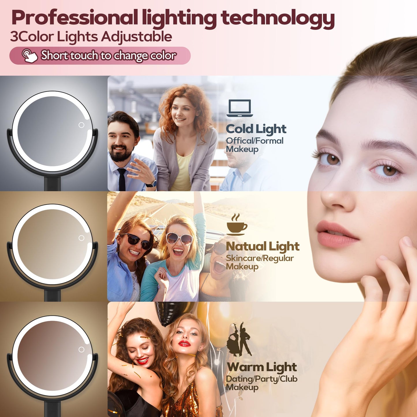 MOMOKUBA Makeup Mirror with Lights, 30X Magnifying & Height Adjustable, Lighted Magnifying Mirror with 3 Light Modes & Stepless Dimming, Vanity Mirrors for Bathroom, Birthday Gift for Women, Rosegold