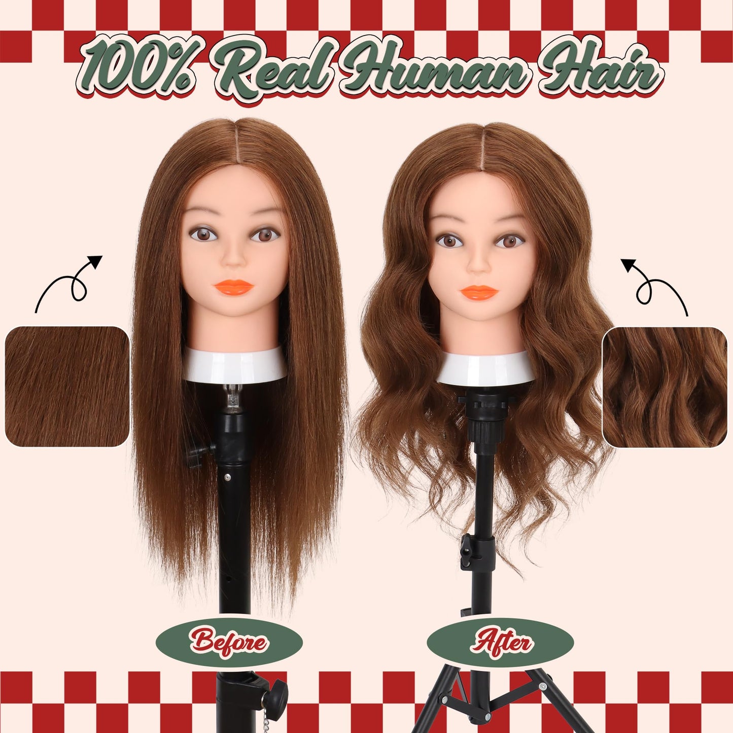 Mannequin Head Human Hair 22-24" Cosmetology Manikin Head with 100% Real Human Hair for Hairdresser Practice with Free Clamp Holder and Tools (Dark Brown)