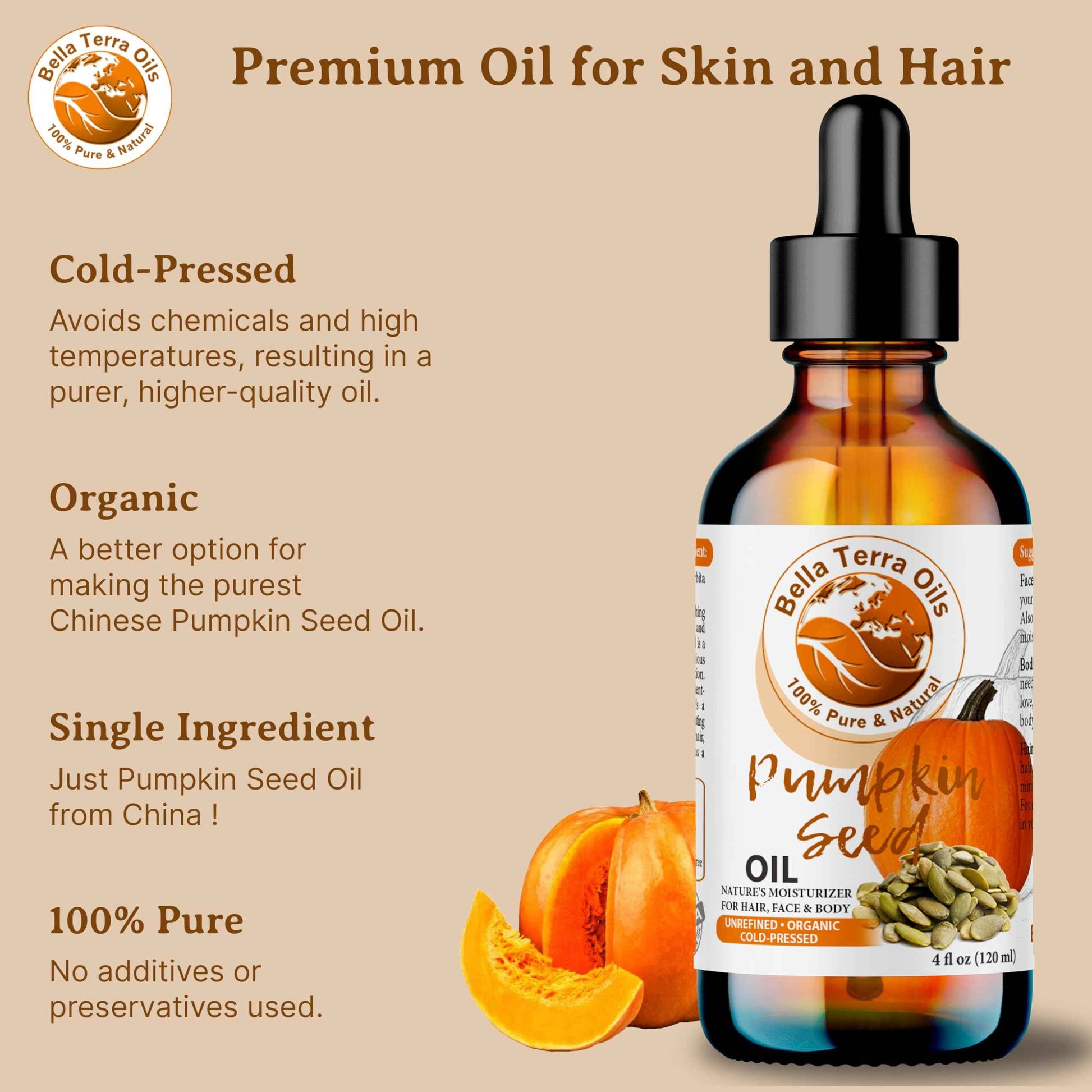 Bella Terra Oils Pumpkin Seed Oil 8oz - Organic, Cold-Pressed, Rich in Omega-9 & Essential Nutrients