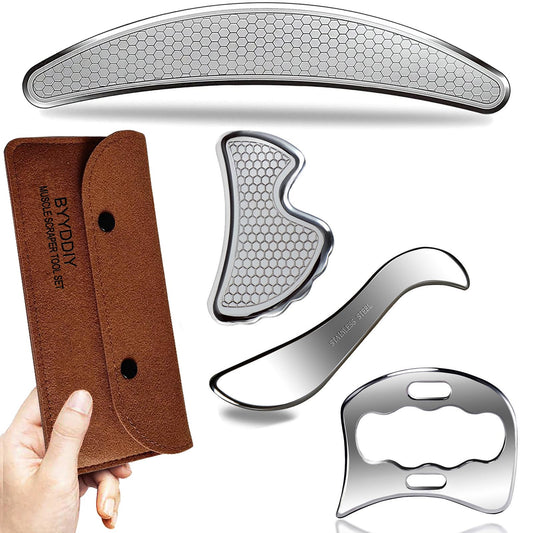 BYYDDIY 4 in 1 304Stainless Steel Gua Sha Muscle Scraper Tool Set, Scar Tissue Tool,Physical Therapy Tools,Muscle Scraping Tool,IASTM Tools,Fascia Scraper,Soft Tissue Massage Tool