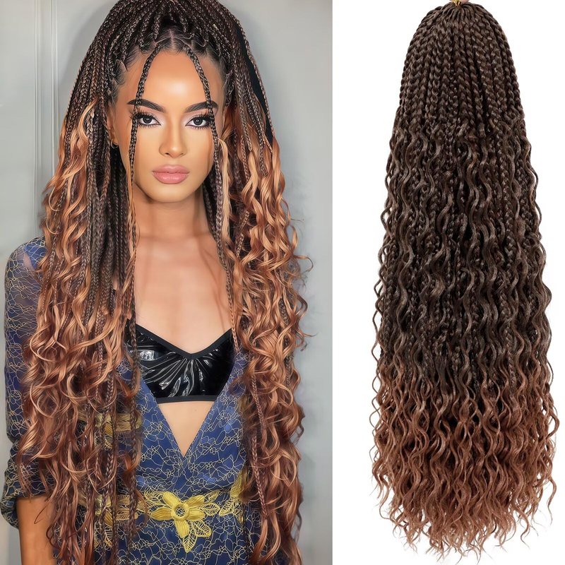 Miuric Goddess Box Braids Crochet Hair for Black Women 24 Inch 7 Packs Boho Crochet Box Braids With Curly Ends Pre Looped Bohomian Synthetic crochet Braiding Hair Extensions 1b/30