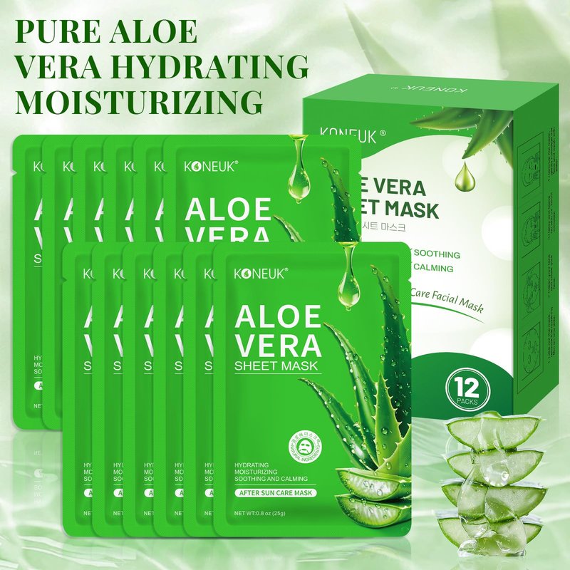 KONEUK 12 Pack Aloe Vera Face Masks Skincare, Sheet Aloe Hydrating Face Mask for Sunburn Relief and After Sun Care, Bulk Aloe Vera Face Mask for Spa Party Gifts