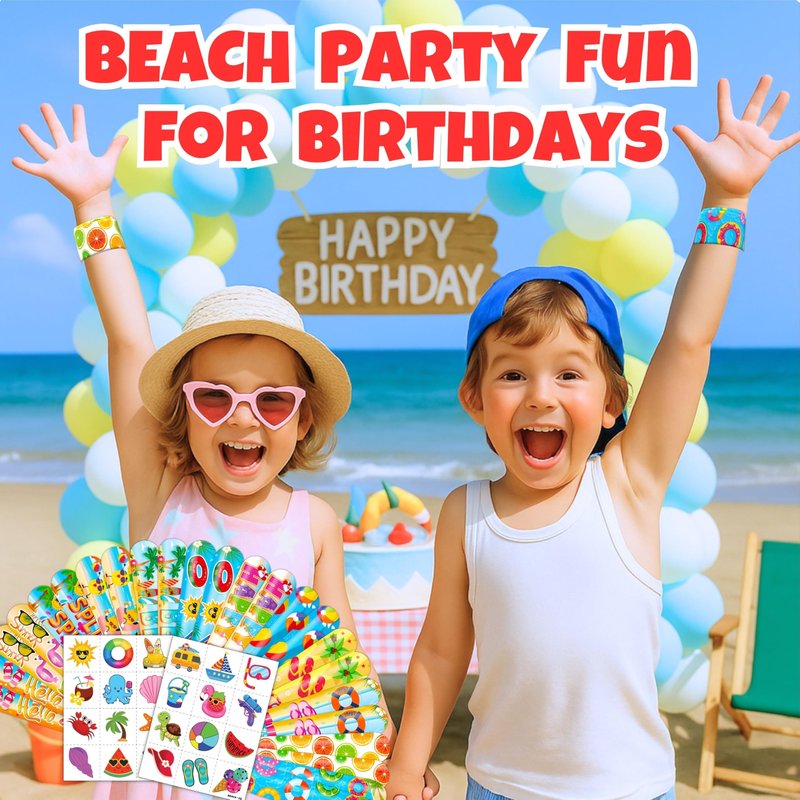 Cherisnowy 48PCS Beach Party Favors – 24PCS Temporary Pre - cut Tattoos & 24PCS Slap Bracelets – Summer & Ocean-Themed Birthday Supplies, Baby Shower Gifts, Classroom Rewards & Party Decor for Kids