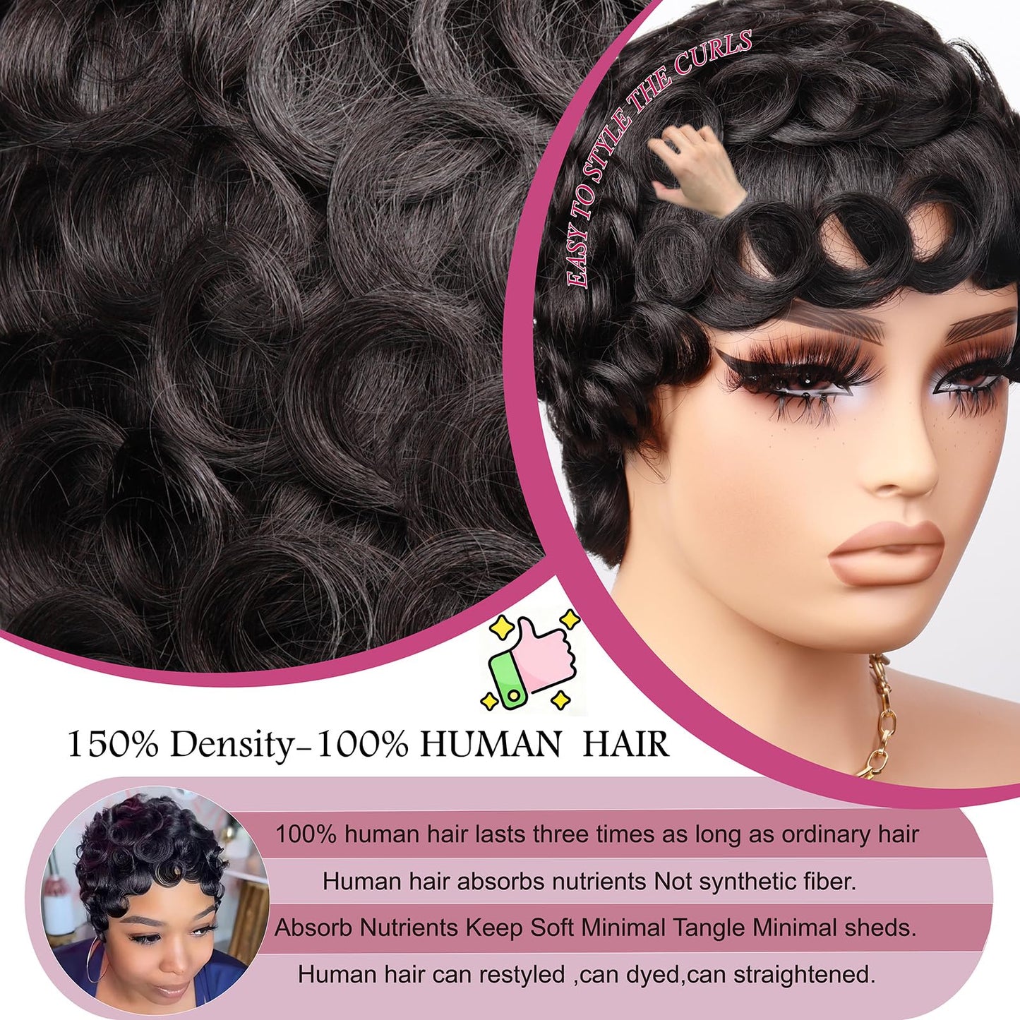 CRYSTALHAIR Short Curly Pixie Cut Wigs for Black Women, Loose Wave Short Curly Pixie Cut Wig Brazilian Virgin 100% Human Hair Wear and Go Glueless Layered Pixie Curly Wigs With Bangs for Daily Use