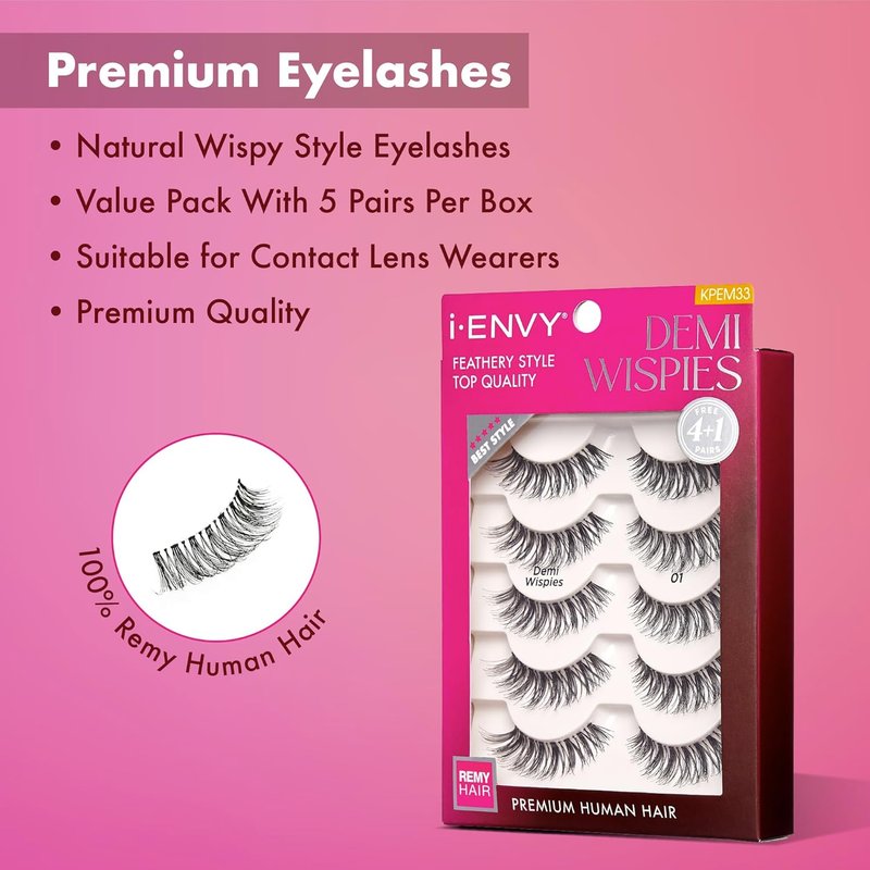 i•ENVY Demi Wispies False Lashes - 15 Pairs of Premium 100% Human Hair | Fluffy, Natural Look, Reusable