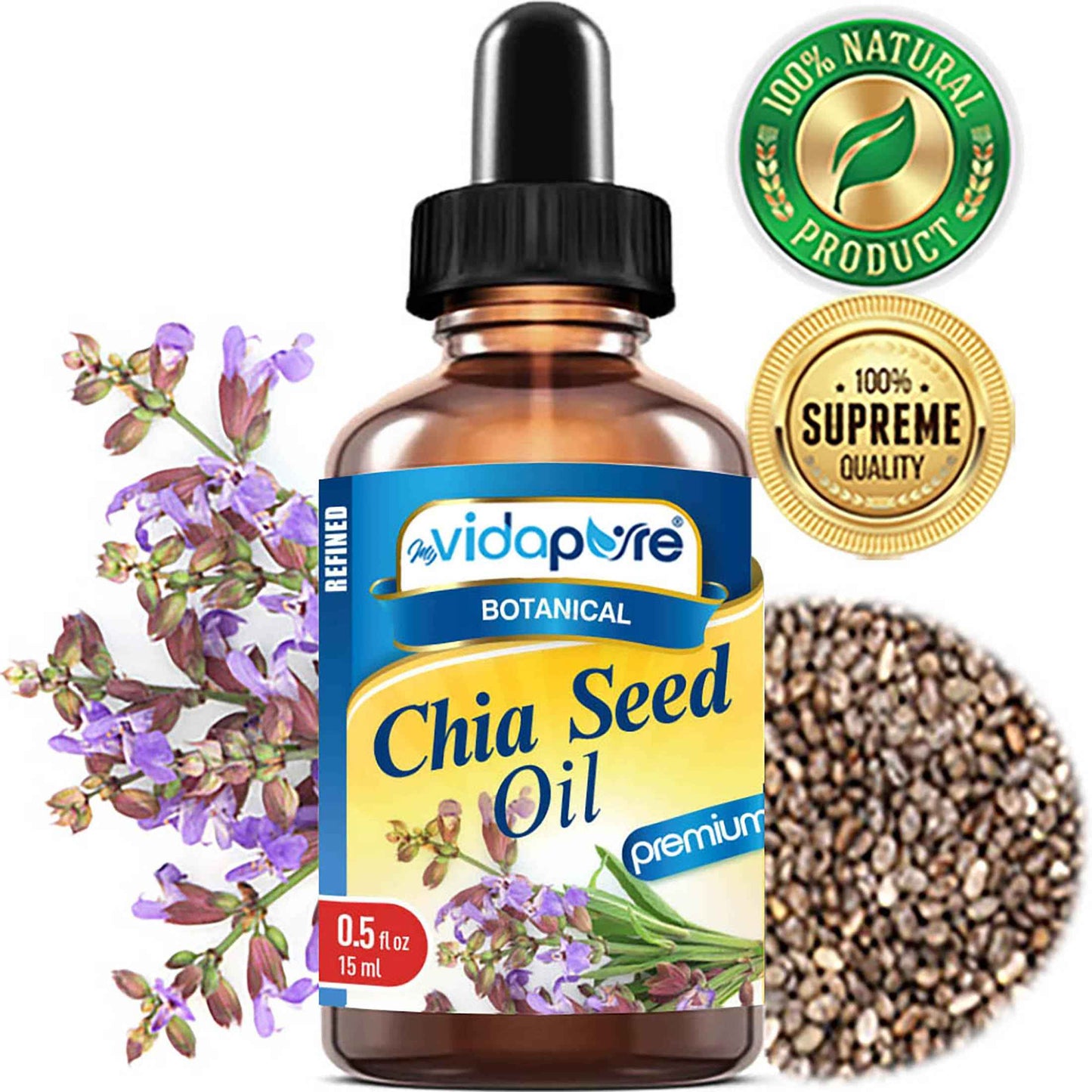 MYVIDAPURE CHIA SEED OIL Pure Natural Undiluted Refined Cold Pressed Carrier Oil for Skin, Face, Hair, Lip and Nail Care Anti-Aging (1 Fl Oz)
