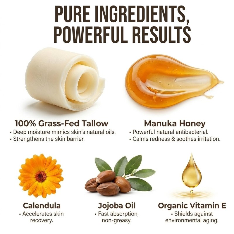 Sense Wellness Beef Tallow for Face & Skin, Moisturizing Balm for Dry Sensitive Skin with Manuka Honey, Unscented, 4 oz