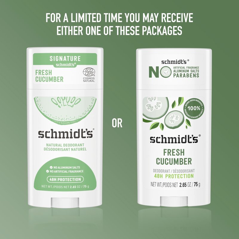 Schmidt's Aluminum-Free Vegan Deodorant Fresh Cucumber 4 Count for Women and Men, with 24 Hour Odor Protection, Natural Ingredients, Cruelty-Free, 2.65 oz
