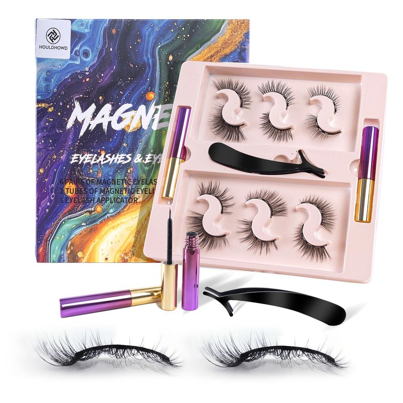 Houldhowd Magnetic Eyelashes Kit - 6 Sets Reusable Natural Look, No Glue Needed, with Applicator, Easy to Wear/Remove, Suitable for Daily/Party/Work (Fashionable Natural Style)