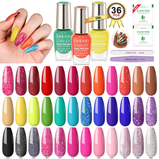 SAVILAND Nail Polish Set Air-Dry: 36+3 Colors Nail Polish Kit Red Pink Blue Glitter Regular Nails Polish with Base Top Coat Nail Lacquer Acrylic Nail Set for Beginner Home Salon DIY Gift