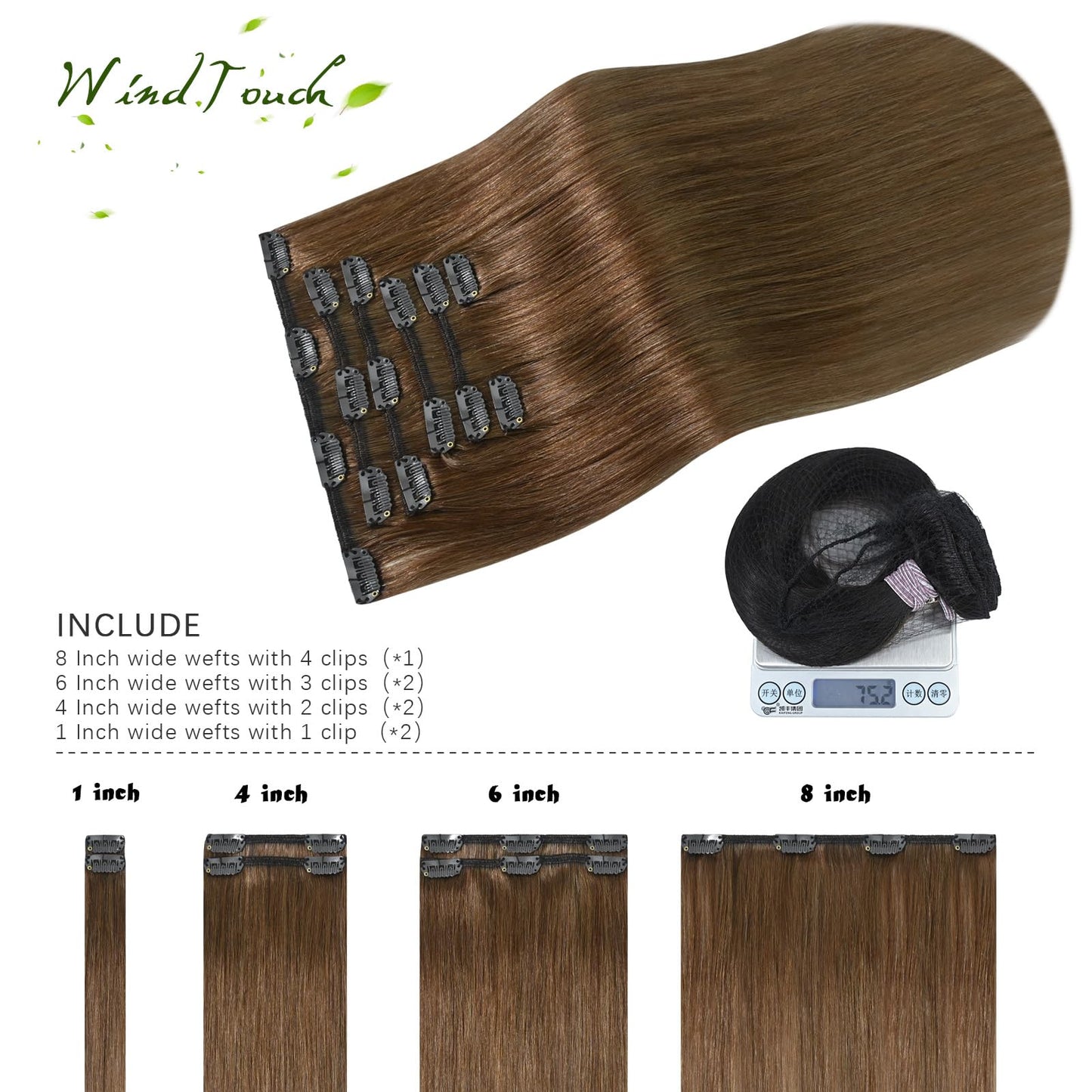 WindTouch Clip in Hair Extensions Light Brown Hair Extensions 12Inch 75g 7PCS Human Hair Clip in Extensions #6 Chestnut Brown Extensions for Women