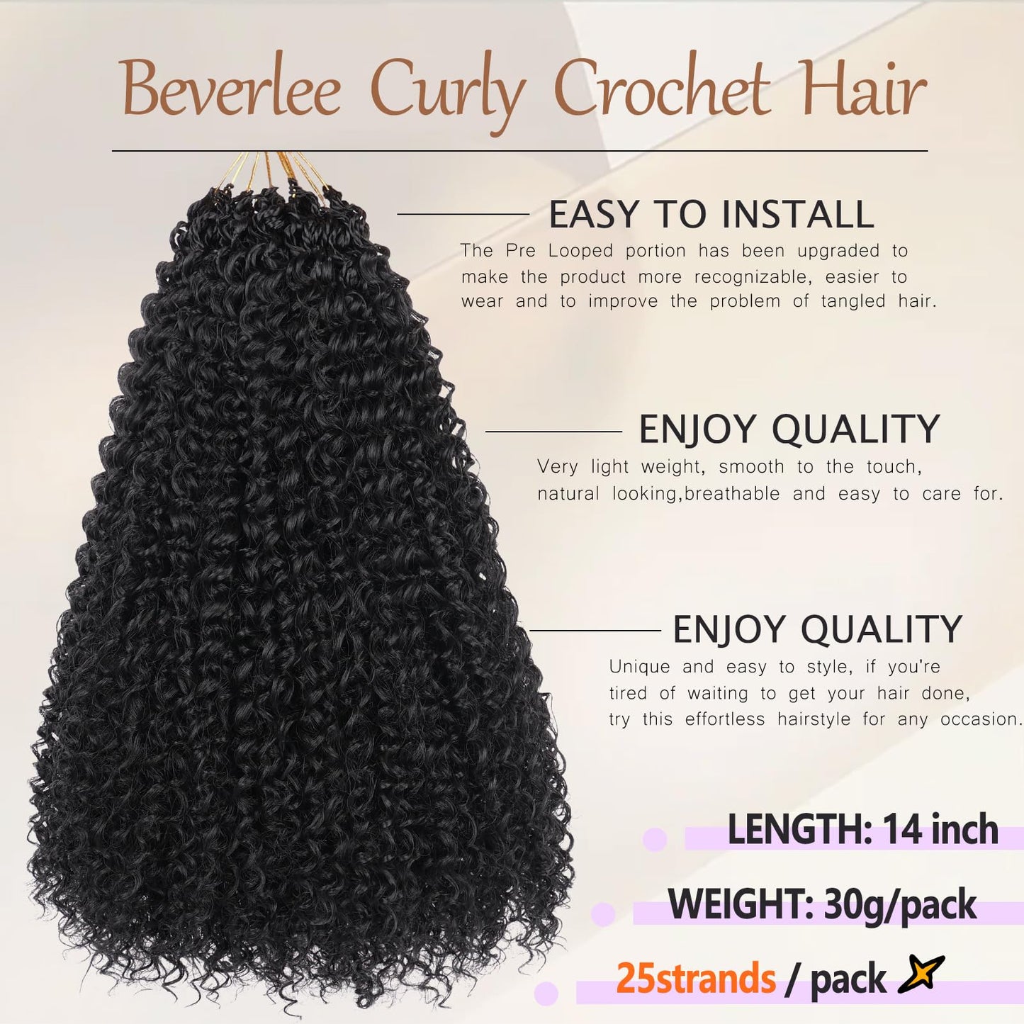 Beverlee Kinky Crochet Hair - 14 Inch Curly & Wavy Synthetic Pre-Looped Crochet Hair for Black Women - 8 Packs