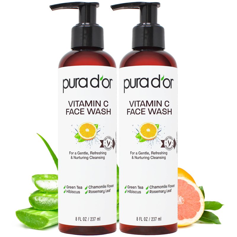 PURA D'OR Vitamin C Face Wash (8oz x2 = 16oz) Antioxidant Rich Facial Cleanser For Radiant Glow & Even Skin Tone - Gentle, Refreshing, Nurturing, Hydrating, Sulfate & Paraben Free Formula