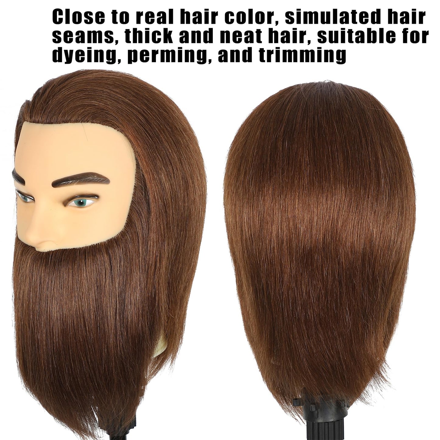 Male Mannequin Head with Beard 100% Real Human Hair Haircut Training Head for Cosmetology Straight Thick Hair Manikin Head Doll Head with Stand Practice Cutting Styling,Barber Shop,Cosmetology School