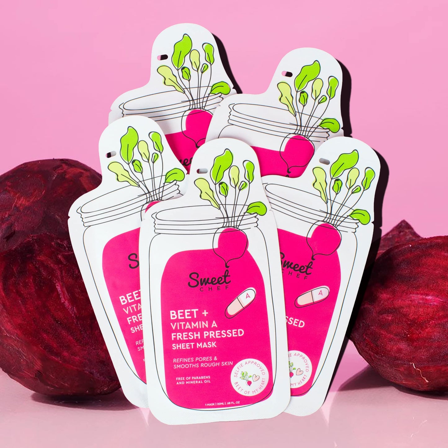 Sweet Chef Beet + Vitamin A Fresh Pressed Sheet Mask - Beet Extract Moisturizing Face Mask for Soft Smooth Skin + Pore Minimizing Antioxidant Vitamin A for Aging & Glowing Skin (Sheet Mask Pack of 5)