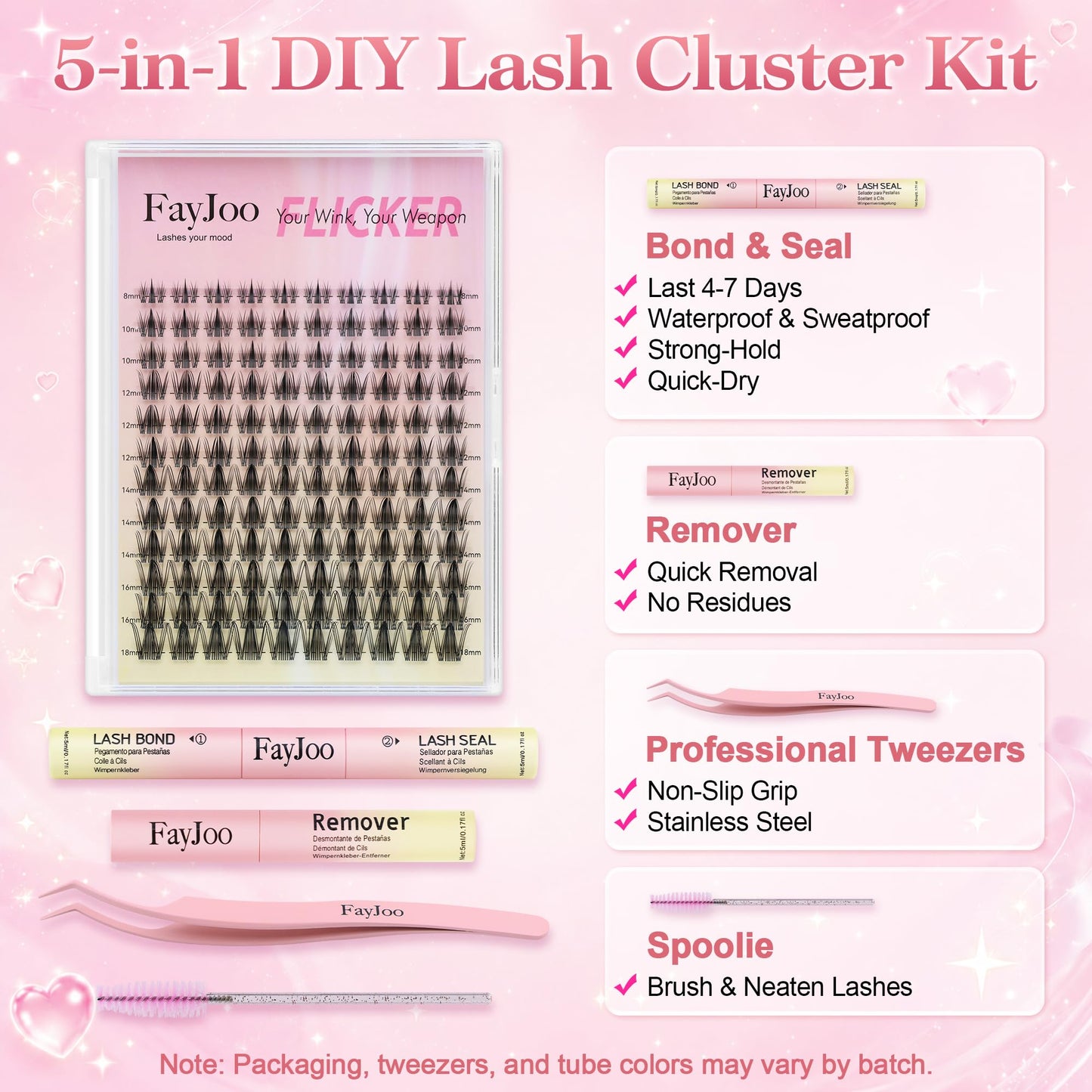 FayJoo Manga Lash Clusters Kit with Invisible Band Wispy Spiky Eyelash Extensions for Natural Look German BASF Fiber C Curl Individual Lashes DIY Anime False Eyelashes, Bond & Seal, Remover (8-18mm)