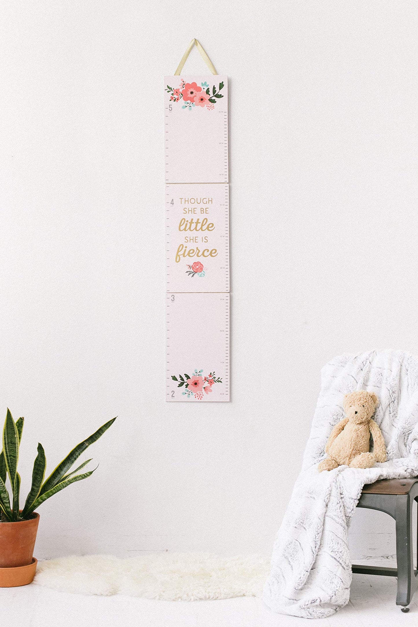 Pearhead Floral Wall Growth Chart for Girls, Kids Height Measuring Chart, Wall Decor for Girls Bedroom Or Nursery, Baby Growth Chart, Though She Be Little She is Fierce