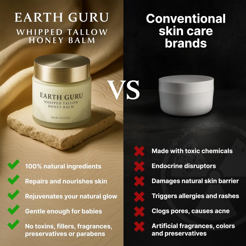 Earth Guru XL 8 OZ Whipped Beef Tallow for Skin,100% Natural Beef Tallow and Honey Balm, Face Moisturizer & Body Lotion Cream, Grass-Fed & Finished, Sebo De Res Para La Cara, Organic Olive Oil, Manuka