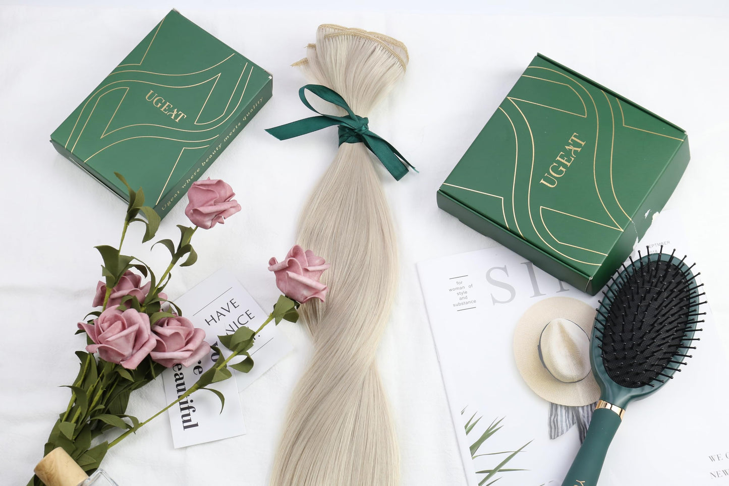 Ugeat Weft Hair Extensions Human Hair, Hair Extensions Sew in Blonde, Sew in Extensions 14 Inch 80g Platinum Blonde, for Short Hair